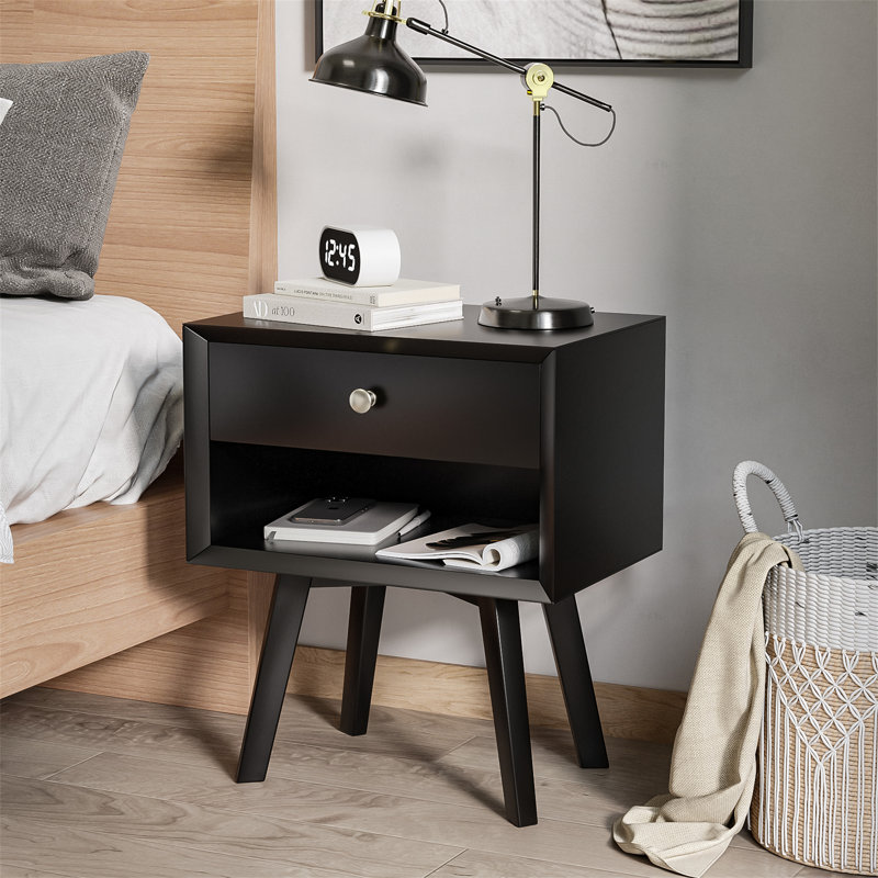 Nightstand with Drawer and Solid Wood Legs Side table for Bedroom and Living Room Black